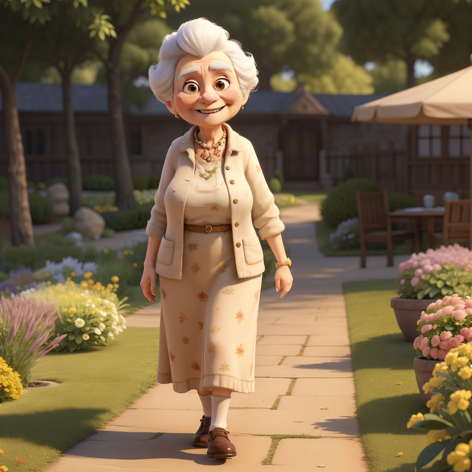 ((masterpiece)), (detailed),
old cute women with smile, walking in garden in dress