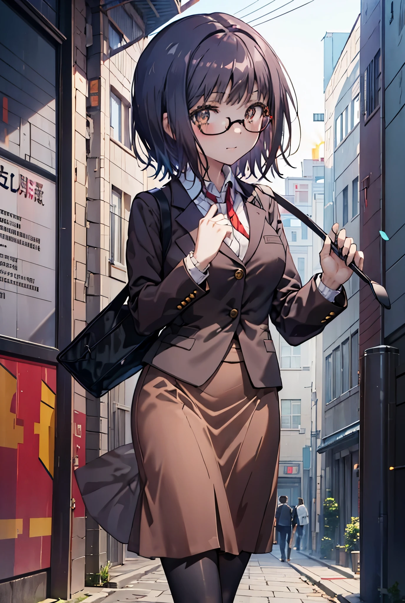 masterpiece, highest quality, confused, perfect anatomy, 1 girl, alone, Itsuwa,short hair,black hair,brown eyes,smile,blush,happy atmosphere,OL, red glasses, end, black suit jacket, collared jacket, white dress shirt, collared shirt, neckline, button, strap, ID card on neck, black pencil skirt, black pantyhose, stiletto heels,walk,morning,morning陽,the sun is rising,In town,building street,(masterpiece:1.2), highest quality, High resolution, unity 8k wallpaper, (shape:0.8), (beautiful and detailed eyes:1.6), highly detailed face, perfect lighting, Very detailed CG, (perfect hands, perfect anatomy),