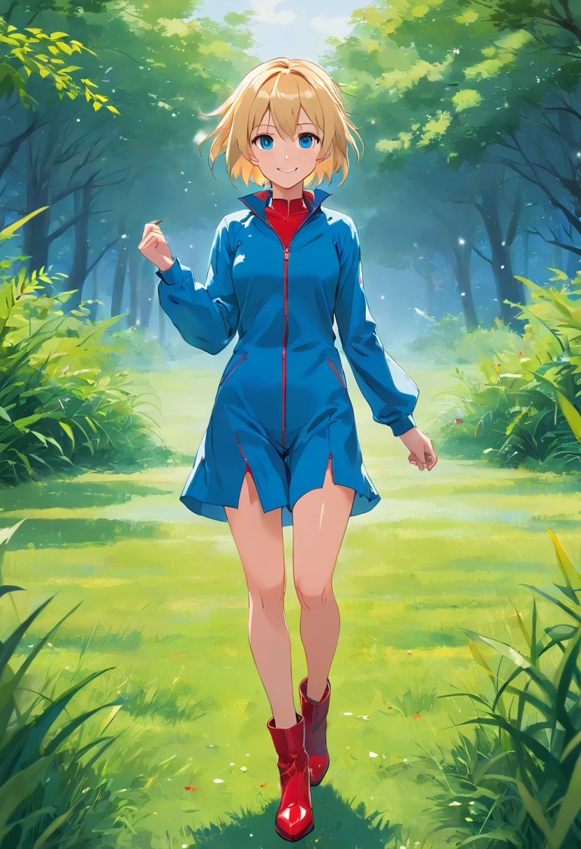 17 years old beautiful women Short blonde hair, Blue eyes, smile, red body suite, red hig heels large boots, full body, walking on wet grass