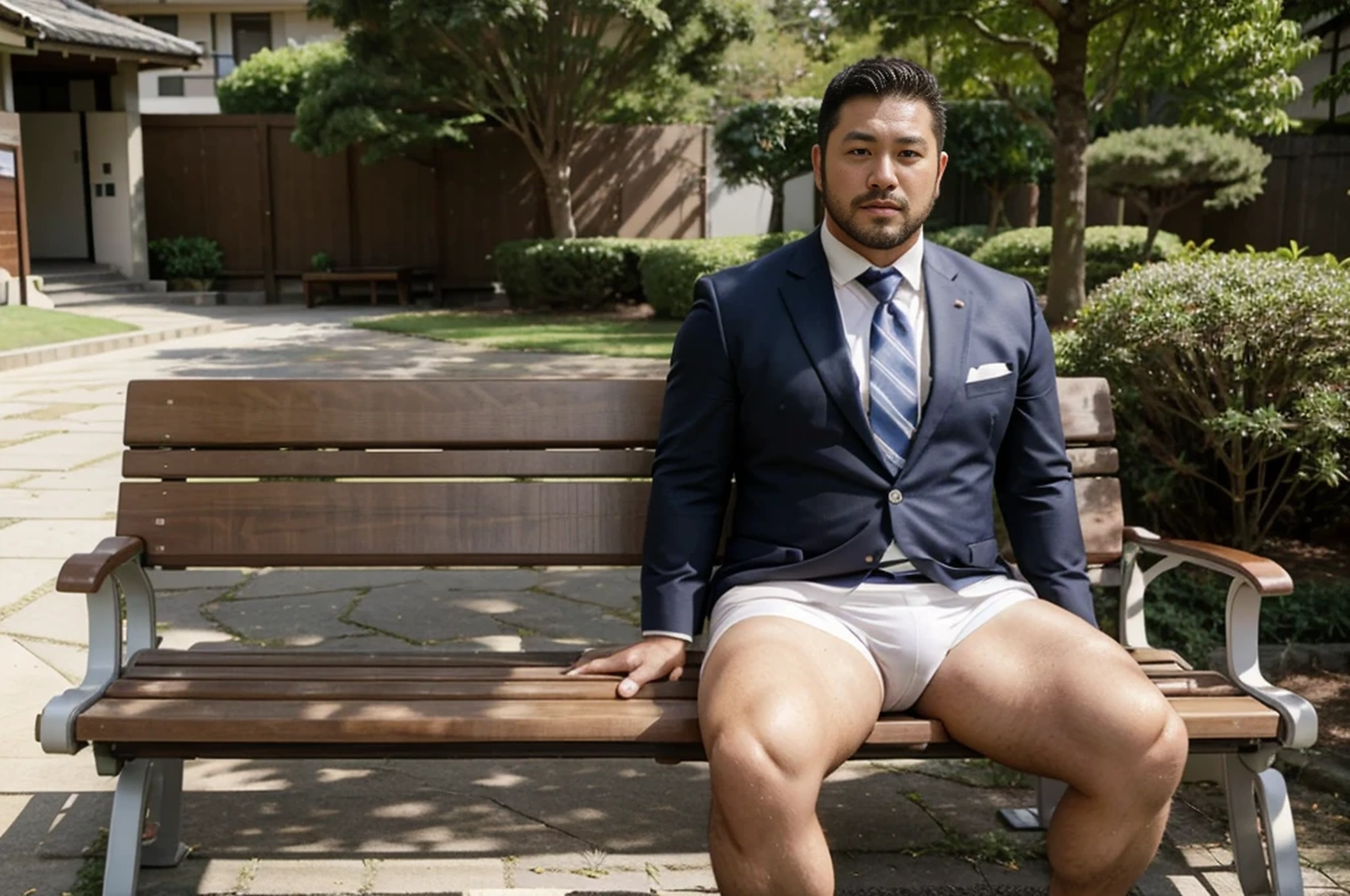 36 years old chubby stocky thick Japanese business man who is a former rugby player with short hair and short beard in suit and tie and white competitive swim suit sitting on a bench in a quiet park. erection
