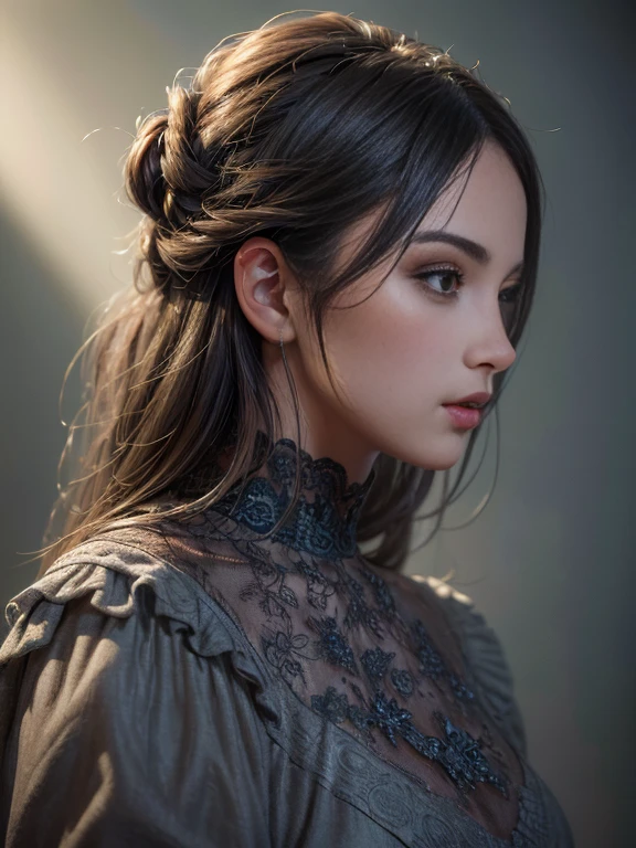 (best quality,8k,masterpiece:1.2),highly detailed,girl in,gray two-tone hair,dress,beautiful detailed face,elaborate,dramatic lighting,4k,detailed background,coastics,portraits,from the side,cinematic lighting