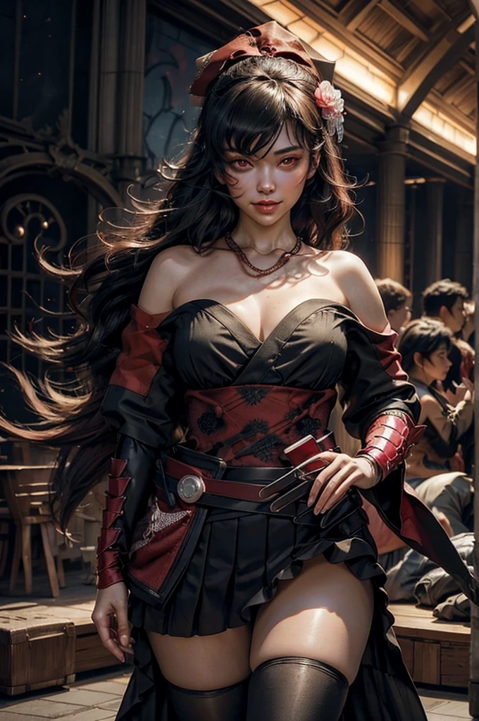 stunning girlfriend, (standing:1.1), dynamic pose, heart shaped face, elegant face, beautiful face, highly detailed face, highly detailed skin, skin pores, subsurface scattering, realistic pupils, loving smile, looking at viewer, full face blush, full lips, detailed background, depth of field, atmospheric perspective, volumetric lighting, sharp focus, absurdres, realistic proportions, good anatomy, (realistic, hyperrealistic:1.4), 16k hdr, 1girl, bangs, black_hair, black_kimono, breasts, flower, hair_between_eyes, hair_flower, hair_ornament, japanese_clothes, thighhighs kimono, long_hair, looking_at_viewer, multicolored_hair, night, stars, obi, red_eyes, red_hair, sash, evening, standing, in palace library, tall windows, glass floor, crowd