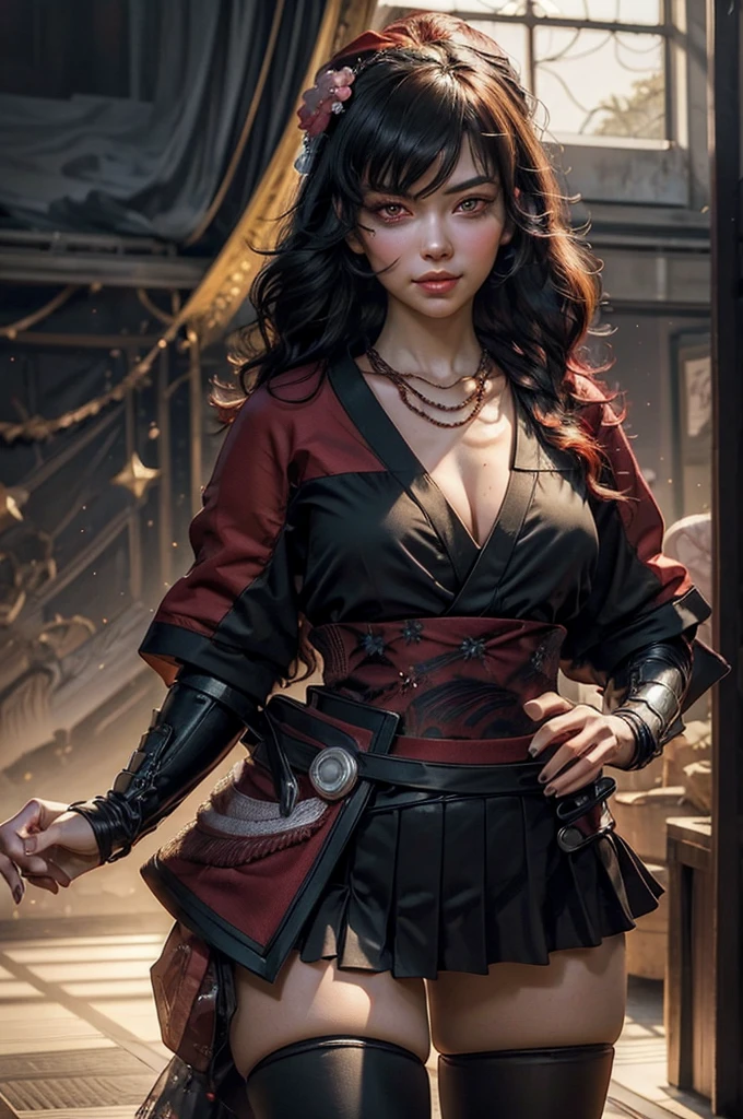 stunning girlfriend, (standing:1.1), dynamic pose, heart shaped face, elegant face, beautiful face, highly detailed face, highly detailed skin, skin pores, subsurface scattering, realistic pupils, loving smile, looking at viewer, full face blush, full lips, detailed background, depth of field, atmospheric perspective, volumetric lighting, sharp focus, absurdres, realistic proportions, good anatomy, (realistic, hyperrealistic:1.4), 16k hdr, 1girl, bangs, black_hair, black_kimono, breasts, flower, hair_between_eyes, hair_flower, hair_ornament, japanese_clothes, thighhighs kimono, long_hair, looking_at_viewer, multicolored_hair, night, stars, obi, red_eyes, red_hair, sash, evening, standing, in palace library, tall windows, glass floor, crowd