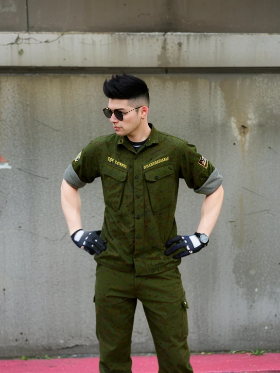 1 handsome Asian guy,Handsome guy aged 25-29,Wearing a camouflage shirt,wearing military uniform, rugged soldier, Wear camouflage clothing, majestic,Who is Shi Yu?, Li Yuanbin, Kim Hyung Tae, Kim Hyung Tae, Yin Shishan, Handsome Asian muscular guy,Broad shoulders and narrow waist,A handsome guy wearing camouflage military uniform,Form-fitting fabric contours the bust,in a remote warehouse,hands tied behind back,Hands tied behind the back,hands tied behind back,Masculine and sexy,High,Muscles look good,hairy body,Wheat complexion,black eyes(thin eyes 1:3),whole body image