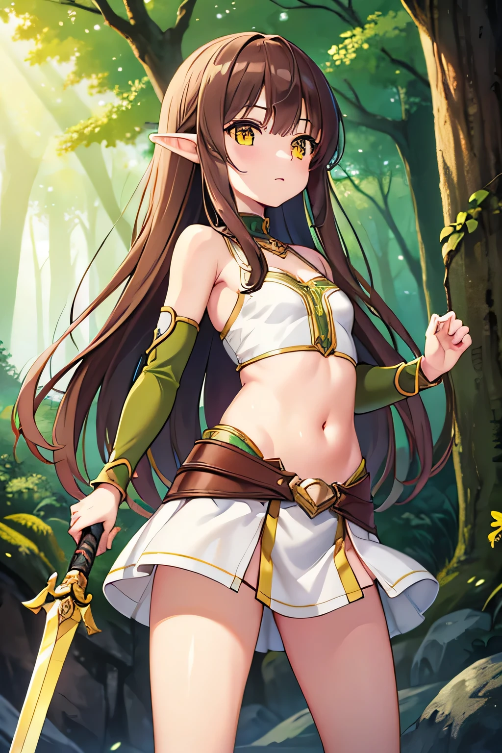 An elf girl with a tiny body and brown hair, yellow eyes, and a flat chest. She is wearing casual cloths and holding a sword. The girl is looking at a person offscreen. The image should be of absurd resolution and high detail. It should be ultra-sharp and available in 8K resolution, representing a masterpiece in image quality. showcasing a nature vibe