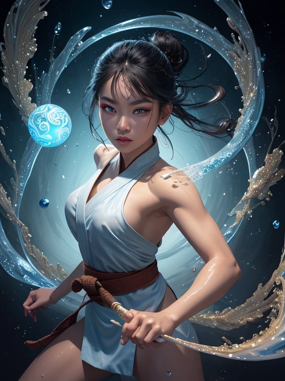 ultra detailed, complex illustration, an asian sand bender surrounded by sand spouts, magical scene, dynamic pose, floating, asian woman with blue eyes, art by MSchiffer, sand drops, magical glow, fantasy art, surreal, detailed glossy lips, ((martial arts pose1.1)), sandbending, sandbender, water slices, glowy, hyperdetailed face, fantastic makeup
