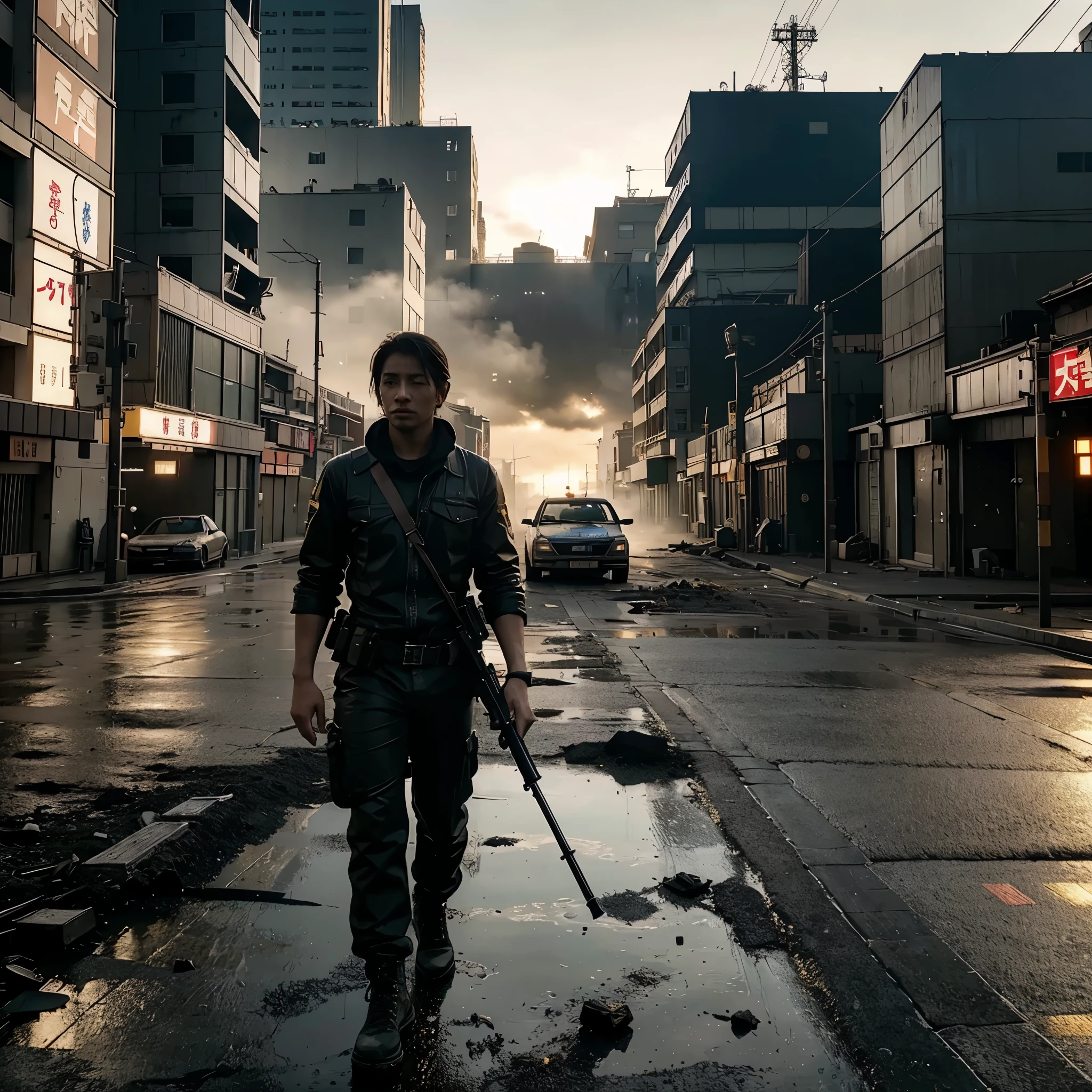 GROUND VIEW, HYPER REALIST, A LONELY JAPONESE MILITARY WITH A GUN, STANDS ON STREET OF A POST-APOCALYPSE RUINED AS DESTROYED TOKYO CITY, WALK POSE, HOSTILE ENVIRONMENT, IMPACTFUL VISUAL DESTRUCTION, STYLE THE LAST OF US, outdoor PHOTO, CINEMATIC LIGHTING, PHOTOREALISTIC DETAILS, DYNAMIC SHADOWS ,ATMOSPHERIC EFFECTS, LIFELIKE TEXTURES, HIGH-DEFINITION, IMMERSIVE ENVIRONMENT, SUBTLE COLOR GRADING, AUTHENTIC ATMOSPHERE, DETAILED TEXTURES, GOLDEN HOUR, FANTASY, UNREAL ENGINE 5, ray tracing, award winning photo, MASTERPIECE photograpy, trending on artstation, HDR, UHD, 8K, BY NAUGHTY DOG.