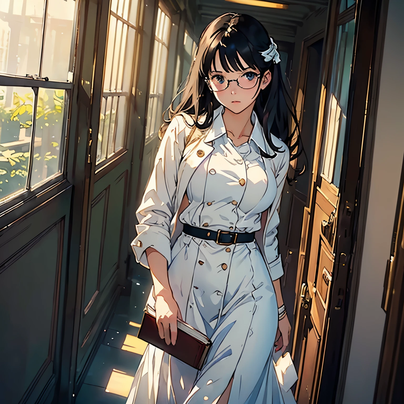(highest quality、masterpiece、High resolution)、(Sargent style watercolor)、(anime art)、(david hamilton style)、(soft focuovie angle、cinematic light、soft light、((1 girl))、18-year-old、wonderful、(Detailed depiction of a beautiful face)、(have a book)、(Anatomically accurate depiction of the hand and fingers)、short black hair、Put your hair up、Wear glasses、small breasts、((wearing a white coat))、(One Piece Uniform)、(long skirt)、library、(corridor)、(corridor)、window、Foliage plant、