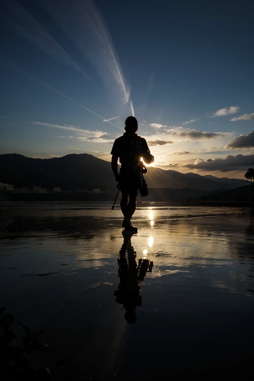 cenario, um canpo de batalha em chamas, glowing light, reflection light, silhouette, best quality, highres, retina