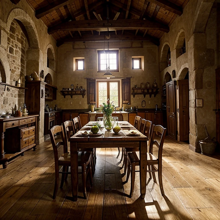Rural, Medieval, inn, indoors, humble, tables, chairs, dinner plates, quadratic, pivix