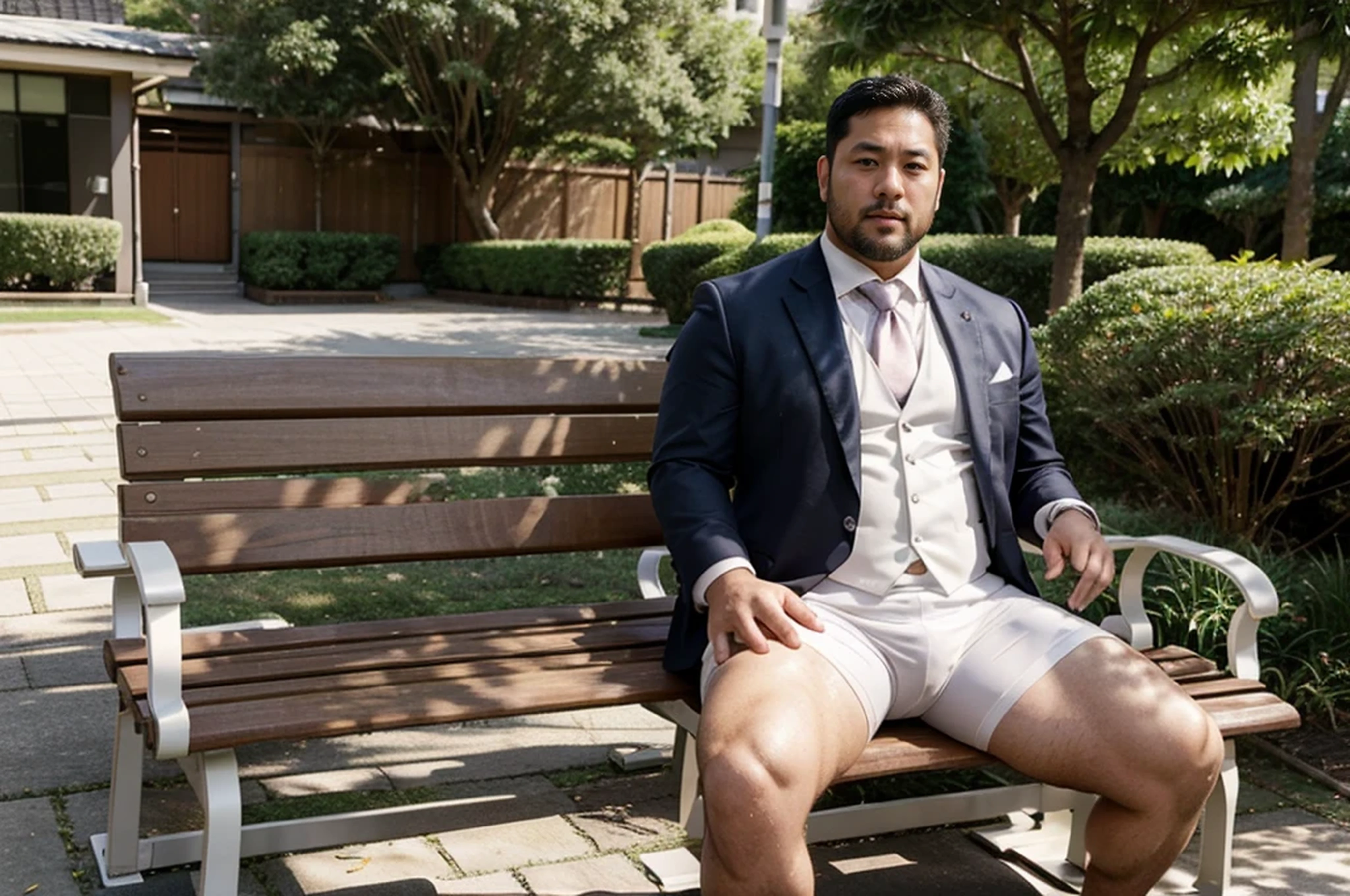 36 years old chubby stocky thick Japanese business man who is a former rugby player with short hair and short beard in suit and tie and white competitive swim suit sitting on a bench in a quiet park. erection