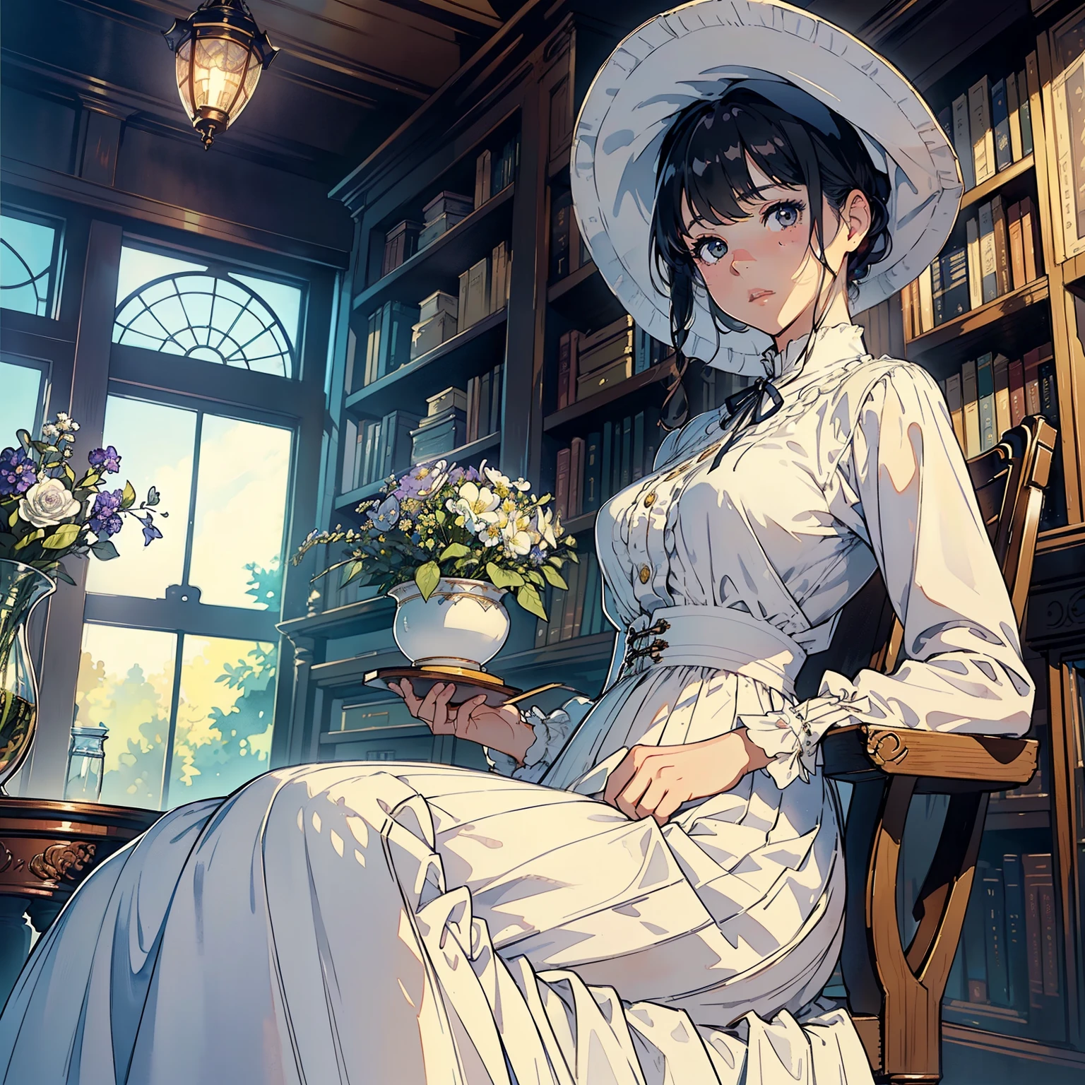 ((Sargent style watercolor))、(highest quality、High resolution、masterpiece)、(david hamilton style)、(soft focuovie angle、cinematic light、soft light、(British traditional public school)、1 female、23 years old、wonderful、charming beauty、violet evergarden, ((Detailed depiction of a beautiful face))、short black hair、A sharp face、(Detailed facial depiction)、small breasts、small breasts、sophisticated look、((wearing a white coat))、((classic uniform))、((long skirt))、(library)、(bookshelf)、have a book、perfect hands、(Anatomically accurate depiction of the hand and fingers)、(Please explain the exact shape of the book.)、beautiful environment、Calm atmosphere、calm expression、a quiet moment、vintage atmosphere、Immerse yourself in reading、Bookworm、a thoughtful look、classic elegance、 Victorian Style、Quiet hideaway、雄大なbookshelf、traditional atmosphere、lush environment、shop window、サイドtable、窓辺のflower、botanical garden、table、flower、Foliage plant、wood,