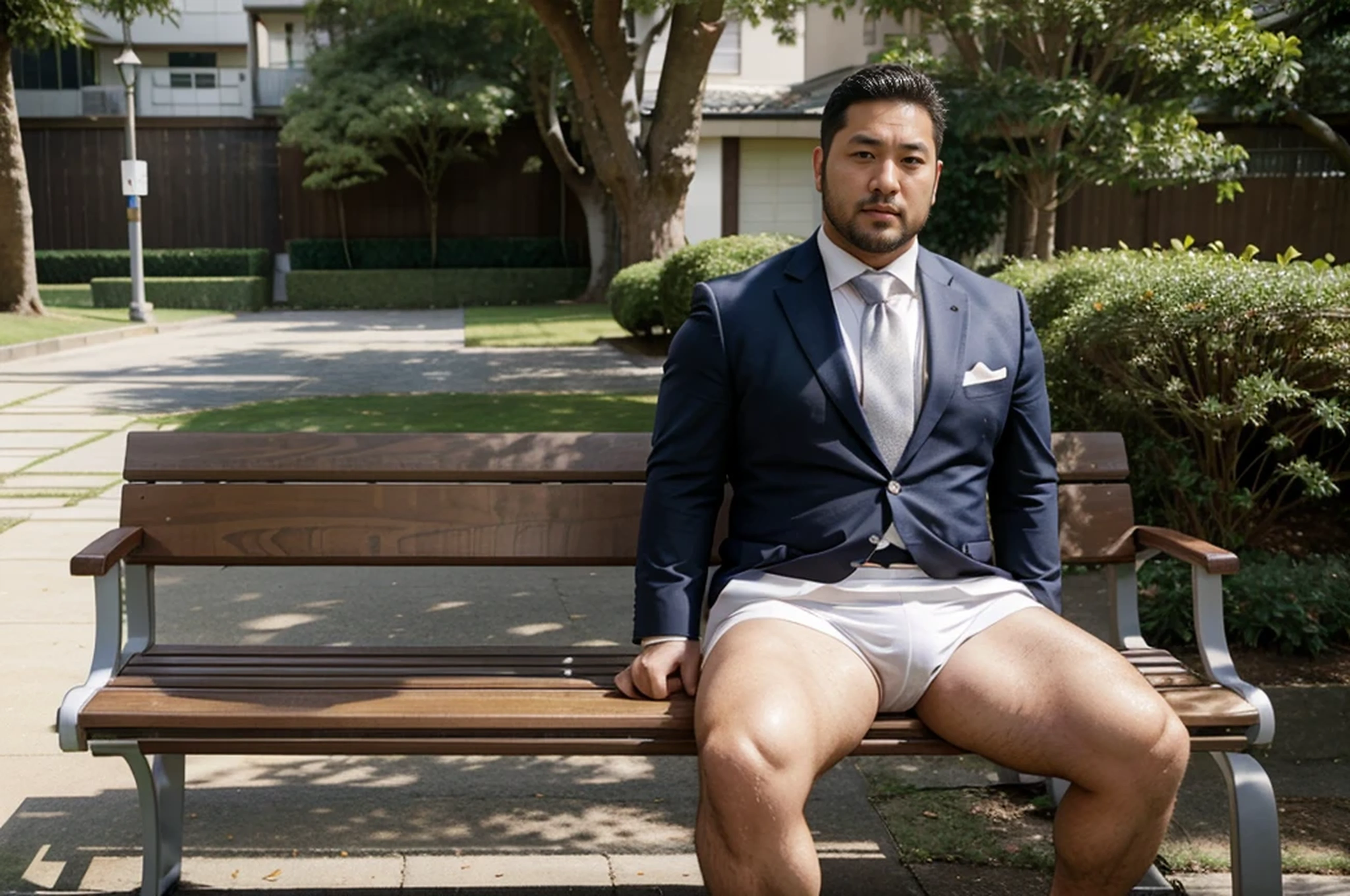 36 years old chubby stocky thick Japanese business man who is a former rugby player with short hair and short beard in suit and tie and white competitive swim suit sitting on a bench in a quiet park.　erection