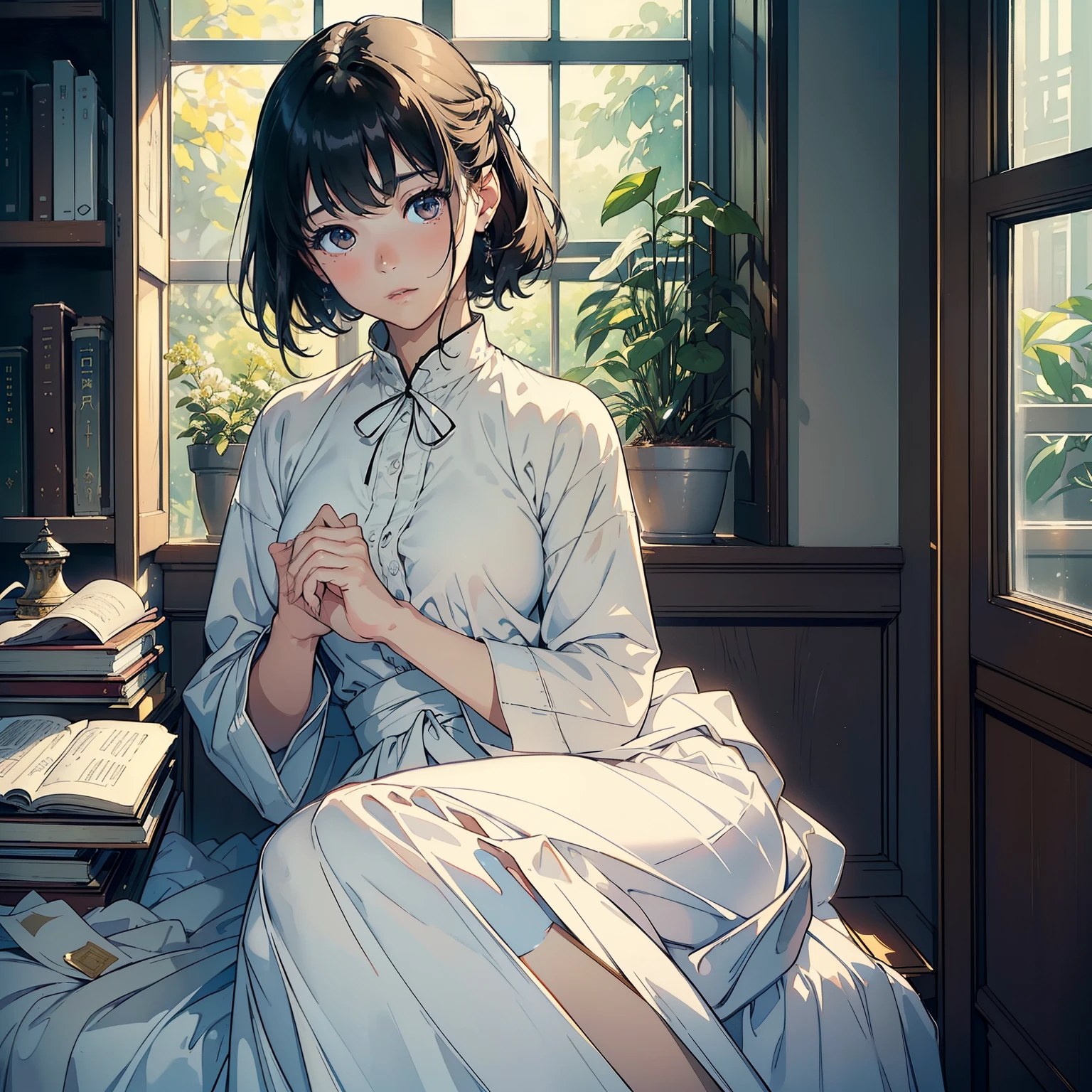 (highest quality、masterpiece、High resolution)、(Sargent style watercolor)、(anime art)、(david hamilton style)、(soft focuovie angle、cinematic light、soft light、((1 girl))、18-year-old、wonderful、charming beauty、(Detailed depiction of a beautiful face)、short black hair、Put your hair up、A sharp face、(Detailed facial depiction)、small breasts、sophisticated look、((wearing a white coat))、(classic uniform)、(long skirt)、library、bookshelf、(have a book)、(Anatomically accurate depiction of the hand and fingers)、(The exact shape of the book)、beautiful environment、Calm atmosphere、calm expression、a quiet moment、Immerse yourself in reading、a thoughtful look、elegance、 雄大なbookshelf、lush environment、Window、Foliage plant、