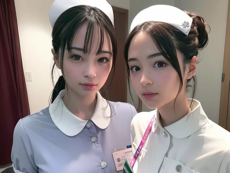 1 girl,(Wearing white nurse clothes:1.2),(Raw photo, highest quality), (realistic, photo-realistic:1.4), masterpiece, very delicate and beautiful, very detailed, 2k wallpaper, wonderful, finely, very detailed CG unity 8k wallpaper, Super detailed, High resolution, soft light, beautiful detailed girl, very detailed eyes and face, beautifully detailed nose, finely beautiful eyes, nurse, perfect anatomy, black hair, up style, nurse uniform, ((nurse cap)), long skirt, nurse, White costume, thin, hospital, clear, White uniform, hospital room, Neck auscultation, ((portrait))