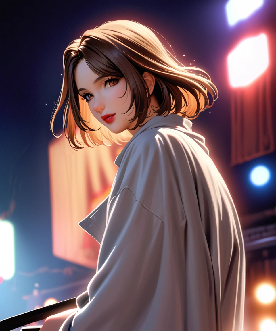 (best quality,highres,ultra-detailed,realistic:1.2),1 girl with (long brown hair:1.1), stunningly detailed eyes, soft background blur, delicate bangs, a beautiful bow in her hair, lantern with particles of light, she is looking at the audience with a captivating smile, wearing a long-sleeved outfit, standing alone on stage, with a symbol of performers, her face seen from the side, enchanting red lips, medium hair length, in the backdrop of a night scene.