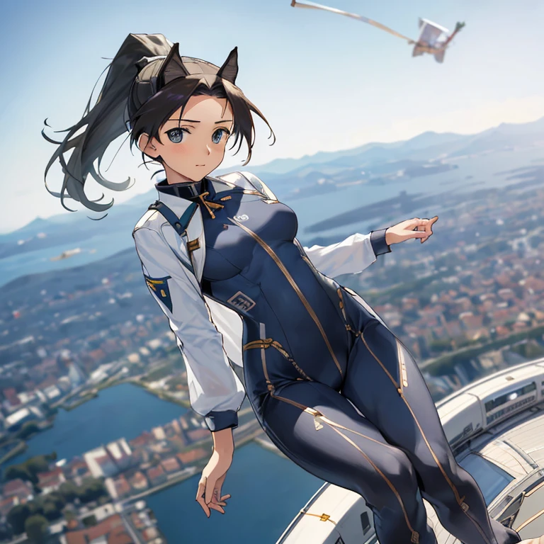 {(masterpiece,best quality, 8K UHD, extremely detailed CG, detailed beautiful face and eyes and skin and hair)}, {(ultra realistic photo style:1.4)}, {1woman, slim body, medium hair, Ponytail hair with braids, , forehead}, {(strike_witches:1.2), (white small_lace_panties:1.1), (proper :1.05)}, {( showing pose:1.4), ( gaze:1.2), (feet up:1.3)}, {(joyful:1.6)}, {(hair stands on end in the wind)}, {(Free fall from Altitude ten_thousand meters:1.8), (out of focus background:1.8)}, {(VENICE city)}