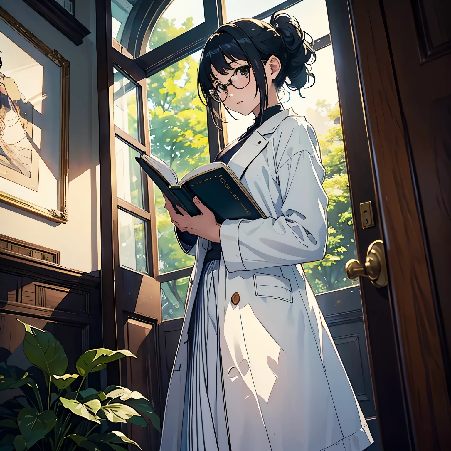 Anime girl in white coat holding a book in front of a window - SeaArt AI