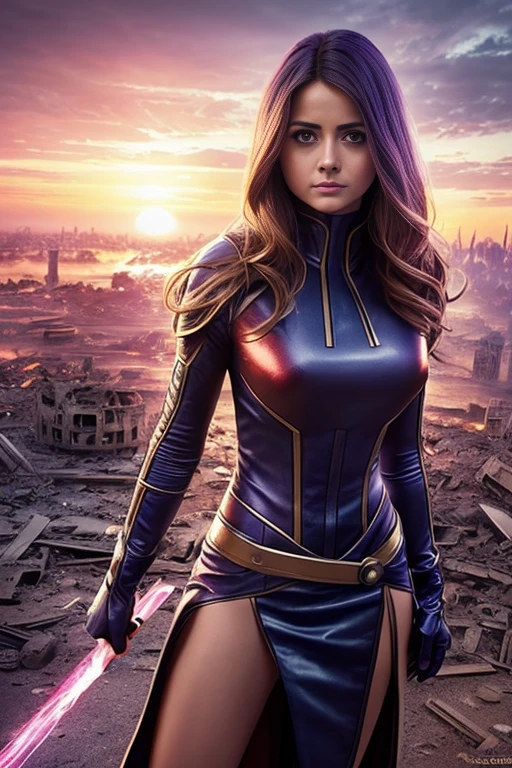 jenna louise coleman、torn suit、I'm wearing a skirt、masterpiece, 1 girl, マーベルのサイロックとしてbeautiful女性, X-Men Psylocke Cosplay、purple suit、Fine and delicate features, Futuristic New York Background, Science fiction, blonde, super heroine, heroic, perfect balance, photograph, 超realistic, masterpiece, 8k, large format camera, 110mm lens, dynamic lighting, rim lighting、official art, extremely detailed CG 8K wallpaper, perfect lighting, De color, bright_amount_method_light, piel bright, (masterpiece:1.0), (Better_quality:1.0), ultra high resolution, 4k , Super detailed, director of photography, 8K, HDR, Altas Resolightones, (confused:1.2), kodak portrait 400, film grain, blurred background, (Bokeh:1.2), Lens flare, (lively_color:1.2), プロのphotograph撮影, (beautiful_method:1.5),More detailed 8K.Unreal Engine:1.4,Hmm,La Better calidad:1.4, realistic:1.4, Skin temperature:1.4, masterpiece:1.8,masterpiece, Better calidad,object object], (detailed facial features:1.3),(Anti-sedentary apocalyptic destroyed city:1.4), (Apocalyptic Sunset:1.4)