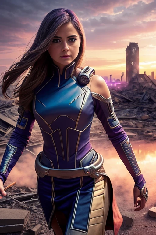 jenna louise coleman、torn suit、I'm wearing a skirt、masterpiece, 1 girl, マーベルのサイロックとしてbeautiful女性, X-Men Psylocke Cosplay、purple suit、Fine and delicate features, Futuristic New York Background, Science fiction, blonde, super heroine, heroic, perfect balance, photograph, 超realistic, masterpiece, 8k, large format camera, 110mm lens, dynamic lighting, rim lighting、official art, extremely detailed CG 8K wallpaper, perfect lighting, De color, bright_amount_method_light, piel bright, (masterpiece:1.0), (Better_quality:1.0), ultra high resolution, 4k , Super detailed, director of photography, 8K, HDR, Altas Resolightones, (confused:1.2), kodak portrait 400, film grain, blurred background, (Bokeh:1.2), Lens flare, (lively_color:1.2), プロのphotograph撮影, (beautiful_method:1.5),More detailed 8K.Unreal Engine:1.4,Hmm,La Better calidad:1.4, realistic:1.4, Skin temperature:1.4, masterpiece:1.8,masterpiece, Better calidad,object object], (detailed facial features:1.3),(Anti-sedentary apocalyptic destroyed city:1.4), (Apocalyptic Sunset:1.4)