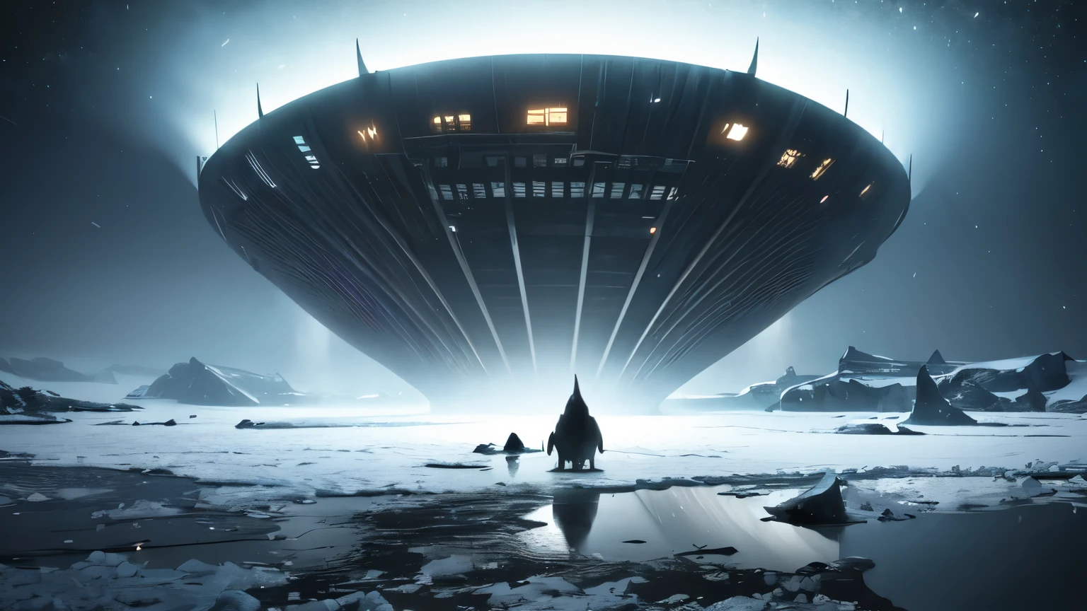 SCP-2764 The Eldritch Antarctic, from SCP lore, SCP-2764 is a massive biological entity of unknown origin, Its height measures to be approximately 382 meters, and is estimated to weigh over 150,000 metric tons; The greenish-toned entity possesses between 75-85 (estimates vary) tentacular appendages extending from the ventral region of its body, the entity is floating above the ice fields of Antarctica, foreboding and eerie lighting, Reclaimed by Nature National Geographic, a unique entity, Behance, a blending together of nature and alien technology, Intricate, ornate, ominous and mysterious, lovecraftian vibes, otherworldly colours, unreal 5, DAZ, hyperrealistic, octane render, dynamic lighting, fantasy concept art