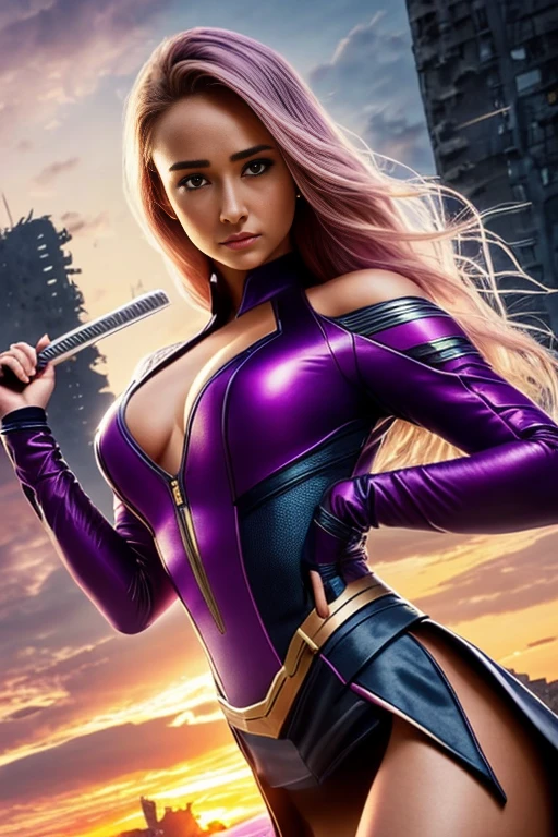 Hayden Panettiere、Lying down、torn suit、I'm wearing a skirt、masterpiece, 1 girl, マーベルのサイロックとしてbeautiful女性, X-Men Psylocke Cosplay、purple suit、Fine and delicate features, Futuristic New York Background, Science fiction, blonde, super heroine, heroic, perfect balance, photograph, 超realistic, masterpiece, 8k, large format camera, 110mm lens, dynamic lighting, rim lighting、official art, extremely detailed CG 8K wallpaper, perfect lighting, De color, bright_amount_method_light, piel bright, (masterpiece:1.0), (Better_quality:1.0), ultra high resolution, 4k , Super detailed, director of photography, 8K, HDR, Altas Resolightones, (confused:1.2), kodak portrait 400, film grain, blurred background, (Bokeh:1.2), Lens flare, (lively_color:1.2), プロのphotograph撮影, (beautiful_method:1.5),More detailed 8K.Unreal Engine:1.4,Hmm,La Better calidad:1.4, realistic:1.4, Skin temperature:1.4, masterpiece:1.8,masterpiece, Better calidad,object object], (detailed facial features:1.3),(Anti-sedentary apocalyptic destroyed city:1.4), (Apocalyptic Sunset:1.4)