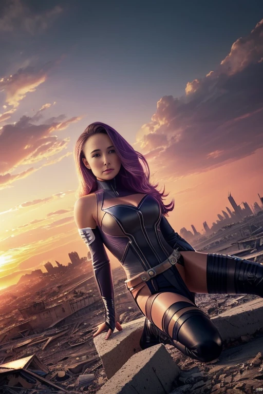 Hayden Panettiere、Lying down、torn suit、I'm wearing a skirt、masterpiece, 1 girl, マーベルのサイロックとしてbeautiful女性, X-Men Psylocke Cosplay、purple suit、Fine and delicate features, Futuristic New York Background, Science fiction, blonde, super heroine, heroic, perfect balance, photograph, 超realistic, masterpiece, 8k, large format camera, 110mm lens, dynamic lighting, rim lighting、official art, extremely detailed CG 8K wallpaper, perfect lighting, De color, bright_amount_method_light, piel bright, (masterpiece:1.0), (Better_quality:1.0), ultra high resolution, 4k , Super detailed, director of photography, 8K, HDR, Altas Resolightones, (confused:1.2), kodak portrait 400, film grain, blurred background, (Bokeh:1.2), Lens flare, (lively_color:1.2), プロのphotograph撮影, (beautiful_method:1.5),More detailed 8K.Unreal Engine:1.4,Hmm,La Better calidad:1.4, realistic:1.4, Skin temperature:1.4, masterpiece:1.8,masterpiece, Better calidad,object object], (detailed facial features:1.3),(Anti-sedentary apocalyptic destroyed city:1.4), (Apocalyptic Sunset:1.4)