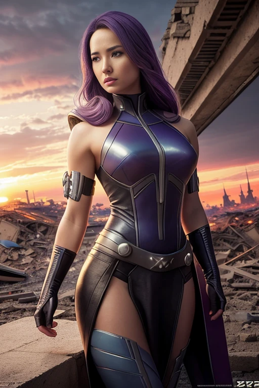 Hayden Panettiere、torn suit、I'm wearing a skirt、masterpiece, 1 girl, マーベルのサイロックとしてbeautiful女性, X-Men Psylocke Cosplay、purple suit、Fine and delicate features, Futuristic New York Background, Science fiction, blonde, super heroine, heroic, perfect balance, photograph, 超realistic, masterpiece, 8k, large format camera, 110mm lens, dynamic lighting, rim lighting、official art, extremely detailed CG 8K wallpaper, perfect lighting, De color, bright_amount_method_light, piel bright, (masterpiece:1.0), (Better_quality:1.0), ultra high resolution, 4k , Super detailed, director of photography, 8K, HDR, Altas Resolightones, (confused:1.2), kodak portrait 400, film grain, blurred background, (Bokeh:1.2), Lens flare, (lively_color:1.2), プロのphotograph撮影, (beautiful_method:1.5),More detailed 8K.Unreal Engine:1.4,Hmm,La Better calidad:1.4, realistic:1.4, Skin temperature:1.4, masterpiece:1.8,masterpiece, Better calidad,object object], (detailed facial features:1.3),(Anti-sedentary apocalyptic destroyed city:1.4), (Apocalyptic Sunset:1.4)