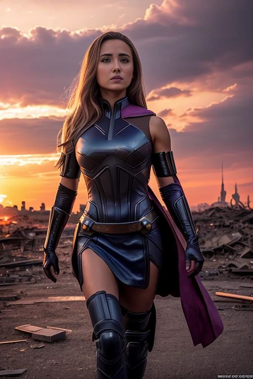 Hayden Panettiere、torn suit、I'm wearing a skirt、masterpiece, 1 girl, マーベルのサイロックとしてbeautiful女性, X-Men Psylocke Cosplay、purple suit、Fine and delicate features, Futuristic New York Background, Science fiction, blonde, super heroine, heroic, perfect balance, photograph, 超realistic, masterpiece, 8k, large format camera, 110mm lens, dynamic lighting, rim lighting、official art, extremely detailed CG 8K wallpaper, perfect lighting, De color, bright_amount_method_light, piel bright, (masterpiece:1.0), (Better_quality:1.0), ultra high resolution, 4k , Super detailed, director of photography, 8K, HDR, Altas Resolightones, (confused:1.2), kodak portrait 400, film grain, blurred background, (Bokeh:1.2), Lens flare, (lively_color:1.2), プロのphotograph撮影, (beautiful_method:1.5),More detailed 8K.Unreal Engine:1.4,Hmm,La Better calidad:1.4, realistic:1.4, Skin temperature:1.4, masterpiece:1.8,masterpiece, Better calidad,object object], (detailed facial features:1.3),(Anti-sedentary apocalyptic destroyed city:1.4), (Apocalyptic Sunset:1.4)