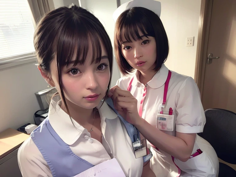 1 girl,(Wearing white nurse clothes:1.2),(Raw photo, highest quality), (realistic, photo-realistic:1.4), masterpiece, very delicate and beautiful, very detailed, 2k wallpaper, wonderful, finely, very detailed CG unity 8k wallpaper, Super detailed, High resolution, soft light, beautiful detailed girl, very detailed eyes and face, beautifully detailed nose, finely beautiful eyes, nurse, perfect anatomy, black hair, up style, nurse uniform, ((nurse cap)), long skirt, nurse, White costume, thin, hospital, clear, White uniform, hospital room, Neck auscultation, bob cut,princess cut, ((head shot))