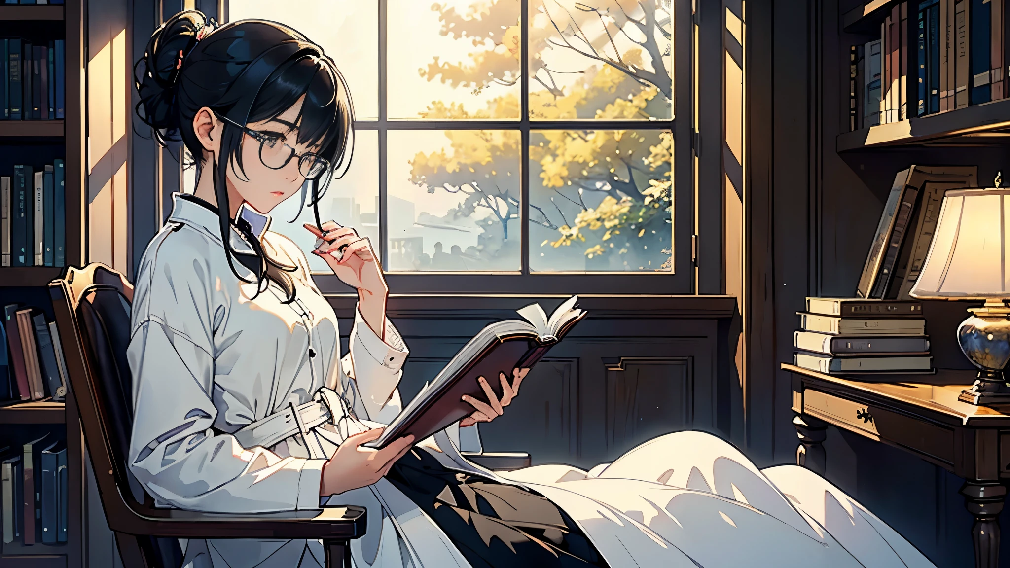 (highest quality、masterpiece、High resolution)、(Sargent style watercolor)、(anime art)、Movie angle、cinematic light、soft light、((1 girl))、18-year-old、black haired woman、short black hair、Put your hair up、Wear glasses、((wearing a white coat))、uniform、long skirt、sophisticated look、small breasts、(Hold the book、walking)、perfect hands、library、Majestic bookshelf、beautiful environment、calm atmosphere、calm expression、a quiet moment、Gentle lighting、Immerse yourself in reading、a thoughtful look、elegance、enchanting beauty、