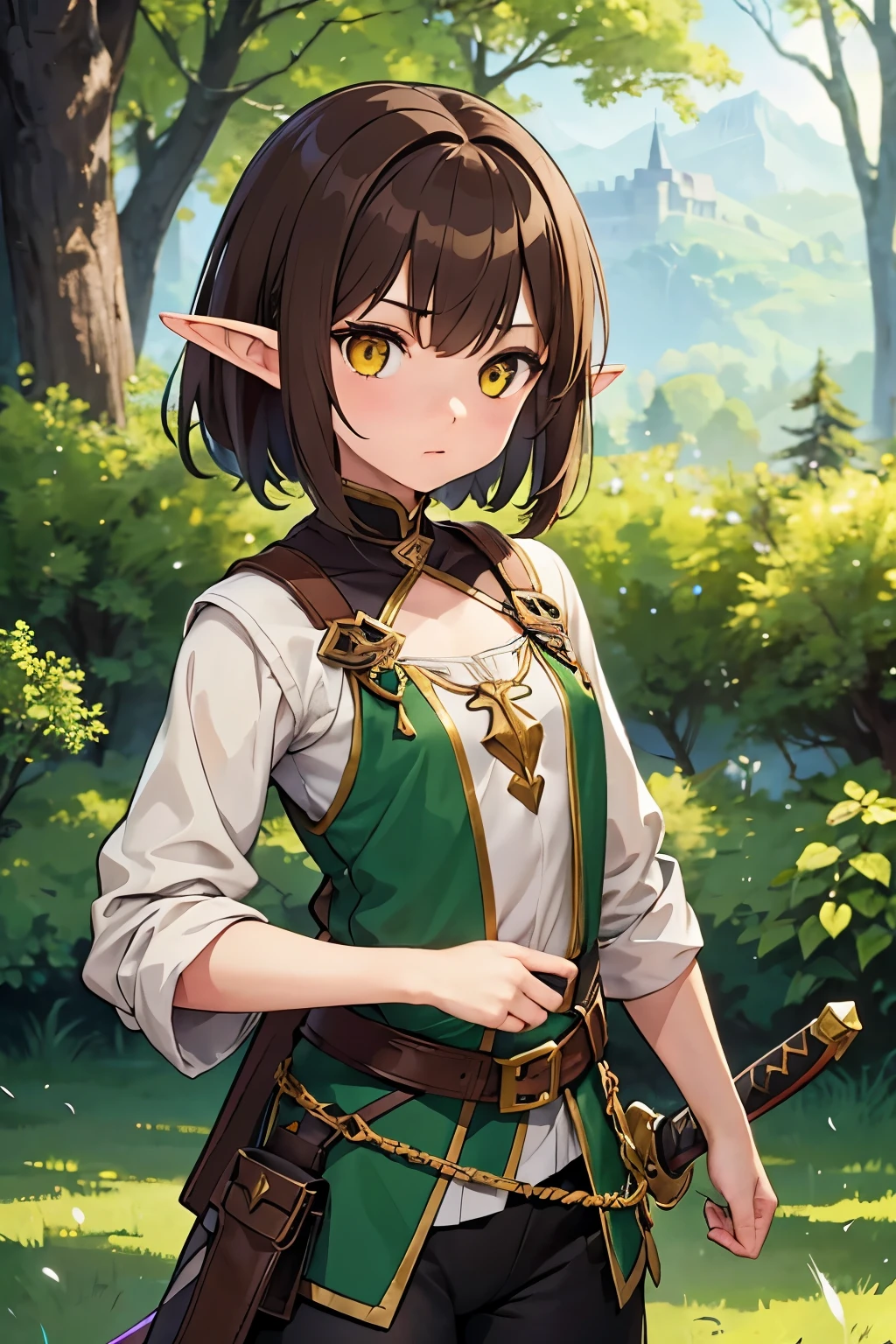 An elf girl with a tiny body and brown hair, yellow eyes, and a flat chest. She is wearing casual cloths and holding a sword. The girl is looking at a person offscreen. The image should be of absurd resolution and high detail. It should be ultra-sharp and available in 8K resolution, representing a masterpiece in image quality. showcasing a nature vibe
