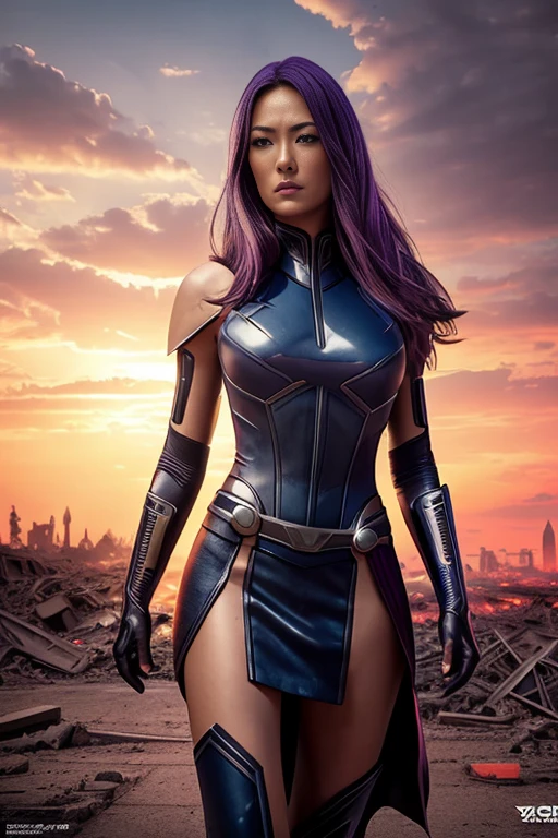 Yvonne Strahovski、torn suit、I'm wearing a skirt、masterpiece, 1 girl, マーベルのサイロックとしてbeautiful女性, X-Men Psylocke Cosplay、purple suit、Fine and delicate features, Futuristic New York Background, Science fiction, blonde, super heroine, heroic, perfect balance, photograph, 超realistic, masterpiece, 8k, large format camera, 110mm lens, dynamic lighting, rim lighting、official art, extremely detailed CG 8K wallpaper, perfect lighting, De color, bright_amount_method_light, piel bright, (masterpiece:1.0), (Better_quality:1.0), ultra high resolution, 4k , Super detailed, director of photography, 8K, HDR, Altas Resolightones, (confused:1.2), kodak portrait 400, film grain, blurred background, (Bokeh:1.2), Lens flare, (lively_color:1.2), プロのphotograph撮影, (beautiful_method:1.5),More detailed 8K.Unreal Engine:1.4,Hmm,La Better calidad:1.4, realistic:1.4, Skin temperature:1.4, masterpiece:1.8,masterpiece, Better calidad,object object], (detailed facial features:1.3),(Anti-sedentary apocalyptic destroyed city:1.4), (Apocalyptic Sunset:1.4)