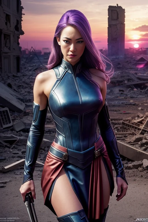 Yvonne Strahovski、torn suit、I'm wearing a skirt、masterpiece, 1 girl, マーベルのサイロックとしてbeautiful女性, X-Men Psylocke Cosplay、purple suit、Fine and delicate features, Futuristic New York Background, Science fiction, blonde, super heroine, heroic, perfect balance, photograph, 超realistic, masterpiece, 8k, large format camera, 110mm lens, dynamic lighting, rim lighting、official art, extremely detailed CG 8K wallpaper, perfect lighting, De color, bright_amount_method_light, piel bright, (masterpiece:1.0), (Better_quality:1.0), ultra high resolution, 4k , Super detailed, director of photography, 8K, HDR, Altas Resolightones, (confused:1.2), kodak portrait 400, film grain, blurred background, (Bokeh:1.2), Lens flare, (lively_color:1.2), プロのphotograph撮影, (beautiful_method:1.5),More detailed 8K.Unreal Engine:1.4,Hmm,La Better calidad:1.4, realistic:1.4, Skin temperature:1.4, masterpiece:1.8,masterpiece, Better calidad,object object], (detailed facial features:1.3),(Anti-sedentary apocalyptic destroyed city:1.4), (Apocalyptic Sunset:1.4)