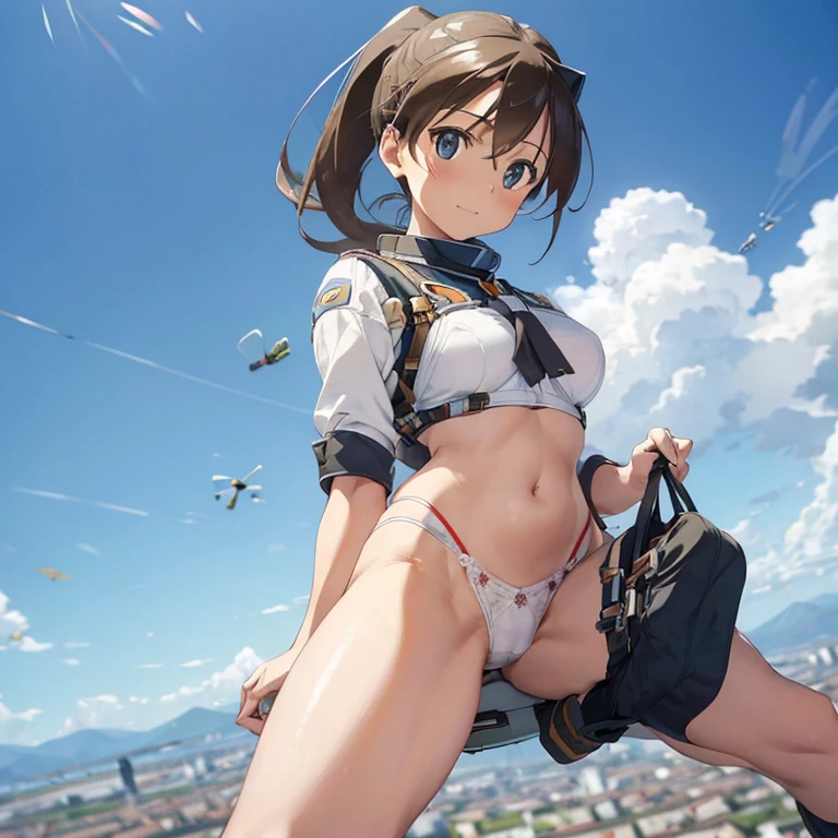 {(masterpiece,best quality, 8K UHD, extremely detailed CG, detailed beautiful face and eyes and skin and hair)}, {(ultra realistic photo style:1.4)}, {1woman, slim body, medium hair, Ponytail hair with braids, medium breasts, forehead}, {(strike_witches:1.2), (white small_lace_panties:1.1), (proper nipples:1.05)}, {(crotch showing pose:1.4), (crotch gaze:1.2), (feet up:1.3)}, {(joyful:1.6)}, {(hair stands on end in the wind)}, {(Free fall from Altitude ten_thousand meters:1.8), (out of focus background:1.8)}, {(VENICE city)}