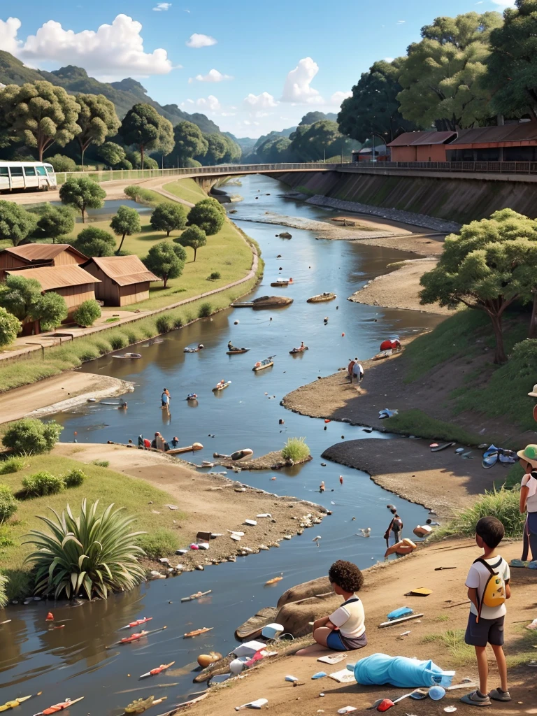 the students observe the river, which is dirty and has garbage and dead fish floating in it. ao lado do rio tem arvores queimas