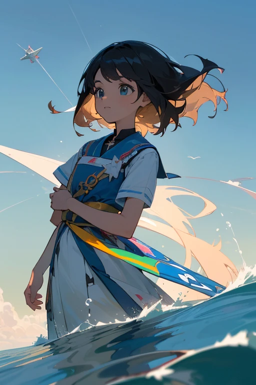 Sandy Beach A girl with her back turned to the sea Raising hands to the blue sky In uniform