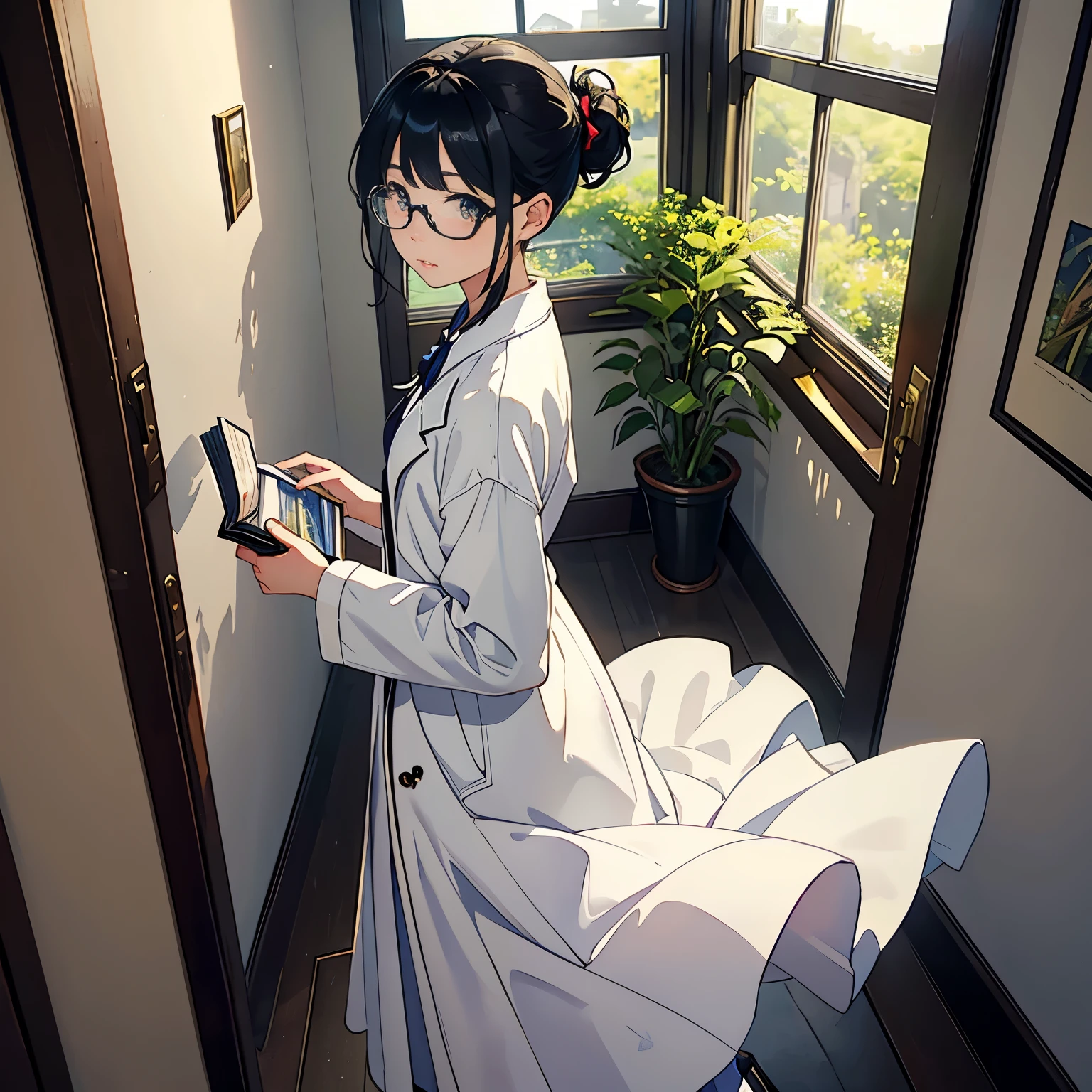 (highest quality、masterpiece、High resolution)、(Sargent style watercolor)、(anime art)、Movie angle、cinematic light、soft light、((1 girl))、18-year-old、wonderful、black hair、short hair、Put your hair up、Wear glasses、((wearing a white coat))、uniform、long skirt、small breasts、(Hold the book、walking)、perfect hands、library、(corridor)、(corridor)、window、Foliage plant、