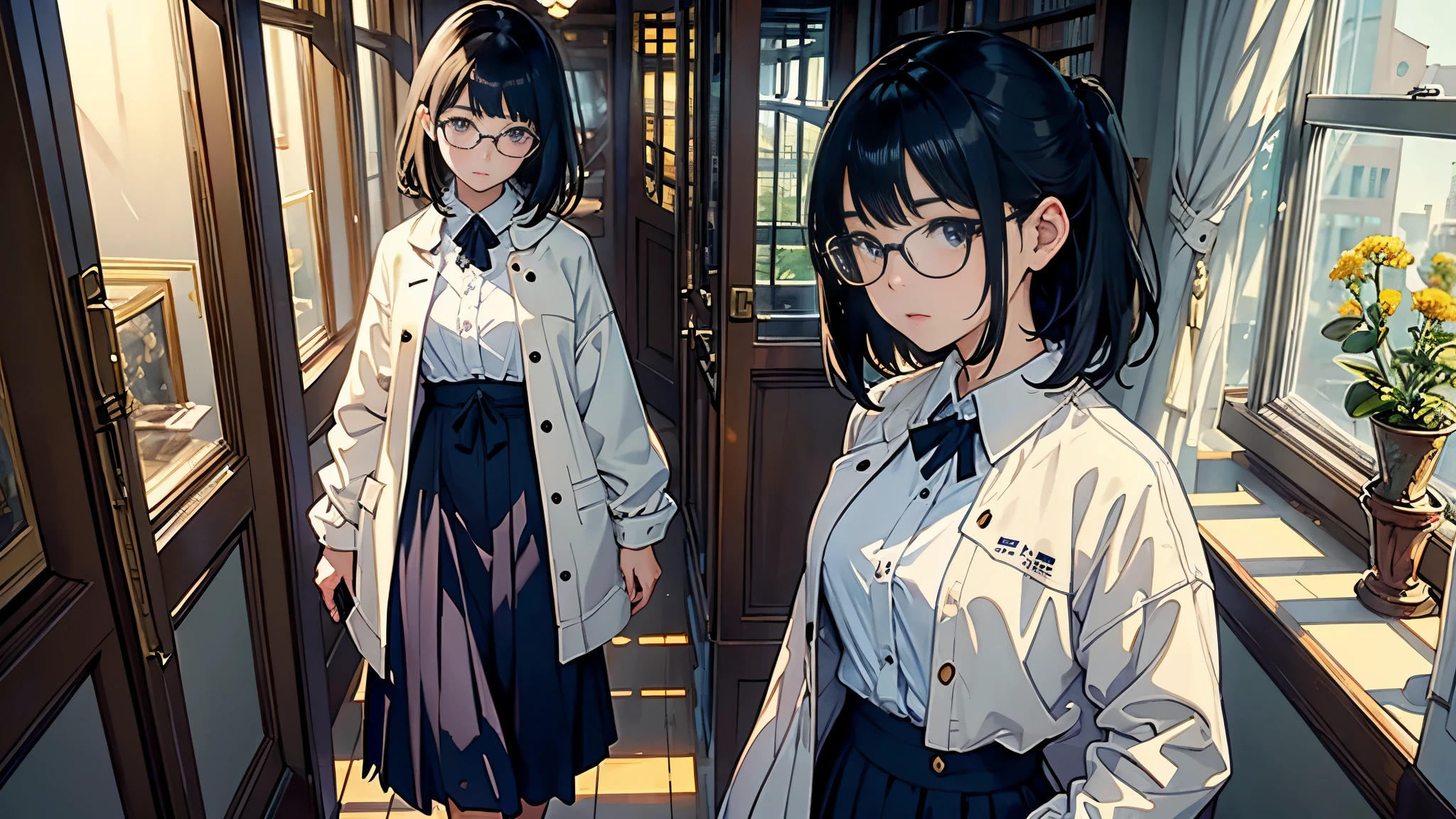 (highest quality、masterpiece、High resolution)、(Sargent style watercolor)、(anime art)、Movie angle、cinematic light、soft light、((1 girl))、18-year-old、wonderful、black hair、short hair、Put your hair up、Wear glasses、((wearing a white coat))、uniform、long skirt、small breasts、(Hold the book、walking)、perfect hands、library、(corridor)、(corridor)、window、Foliage plant、