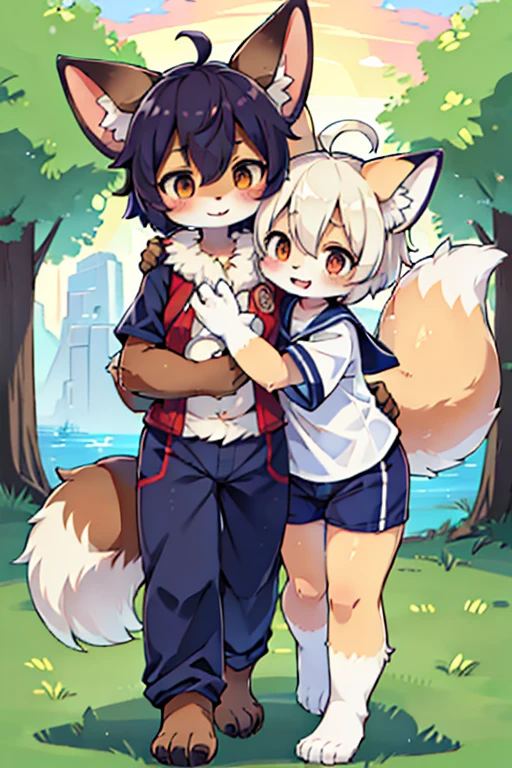 2 females, fox and raccoon, Furry, beastman, animal hair, tail, sailor suit, short sleeve, Jersey pants, long pants, gloves, barefoot, Hug