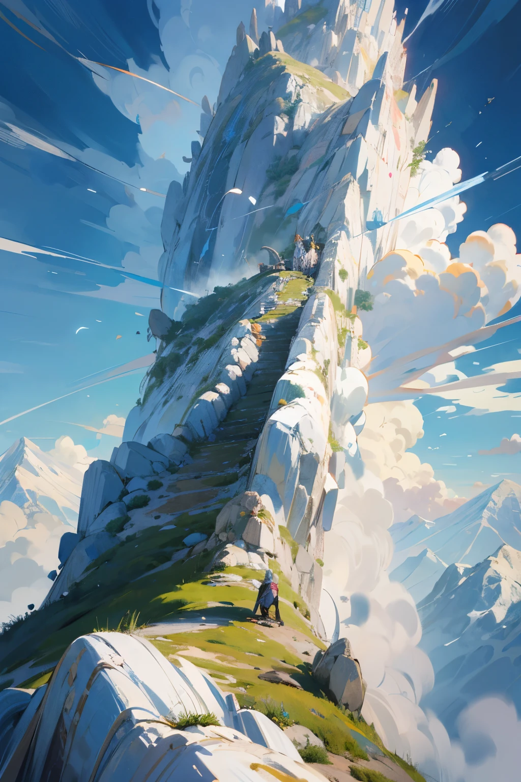  the elderly prophet in front with his disciple, the pair climbing with effort a magnificent mountain.