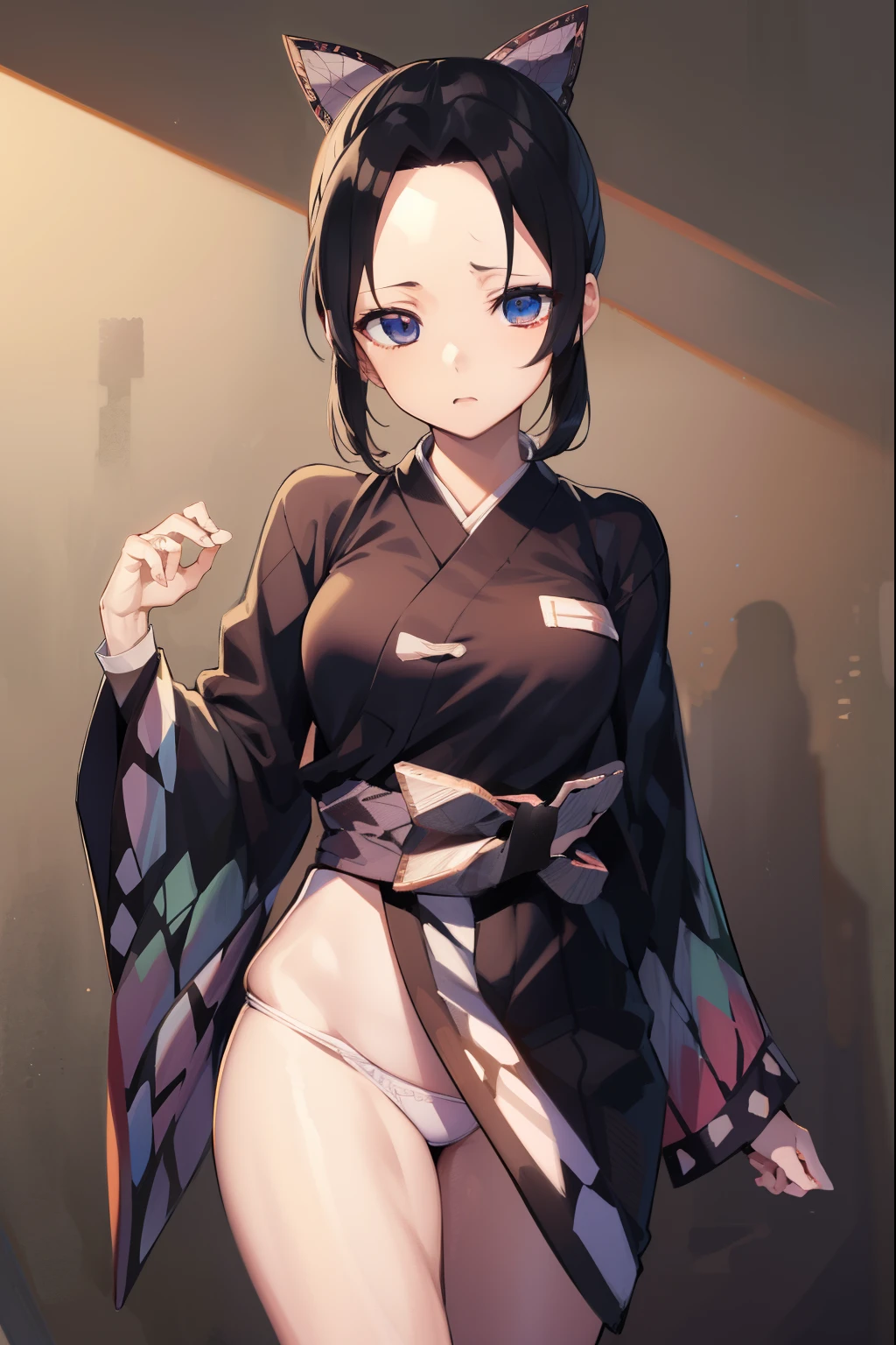 Nezu furnace, Shinobu,  1:1,Chibi,Black hair, (Forehead:1.5), Hair Ribbon, Two-tone hair, angry face , menacing. 
Break asa is not (Pattern), Checkered sash, haori, komono, Kimono, Long sleeves, Obi, kimono aberto , cleavage , thong pantie , sash, wariza,  Wide sleeves,
BREAK looking at viewer,
Break indoors, kick 
BREAK (masutepiece:1.2), Best Quality, High resolution, Unity 8k wallpaper, (Illustration:0.8), (Beautiful detailed eyes:1.6), extra detailed face, Perfect Lighting, extremely details CG, (Perfect hands, Perfect Anatomy),