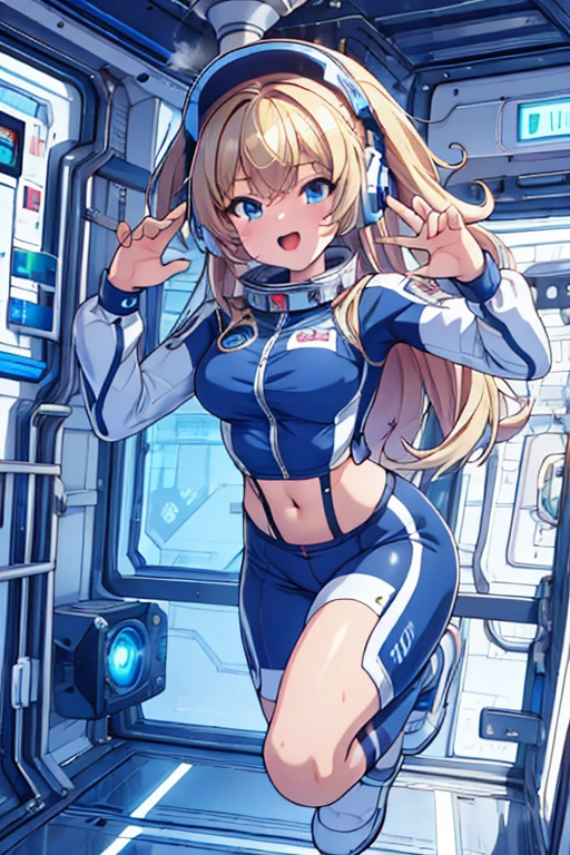 top-quality,Top image quality,in 8K,4K,​masterpiece,ultra-detailliert,Beautiful,ultra-quality, best quality,high resolution, ultra-detailed,game cg,dutch angle,(acrobatic pose):5,jumping:5,(inside spacestation,)beautiful detailed eyes,five fingers,headphone,nsfw,a beauty girl,(astrovest):5,(track uniforms),wet,(steam:1.5),Running form,open open mouth,(blonde hair),(long hair):2,Navel,space_station_interior, exercise_room, futuristic, high_technology, zero_gravity_exercise_equipment, high_resolution_landscape, sleek_design, minimalistic, 8K_resolution, game_cg_style, Dutch_angle, detailed_character, track_uniform, perfect_running_form, intense_expression, detailed_eyes, determination, steam:1.5, beauty, strength, five_fingers, visible_navel, open_mouth, ultra_quality, high_resolution, ultra_detailed,astrovest