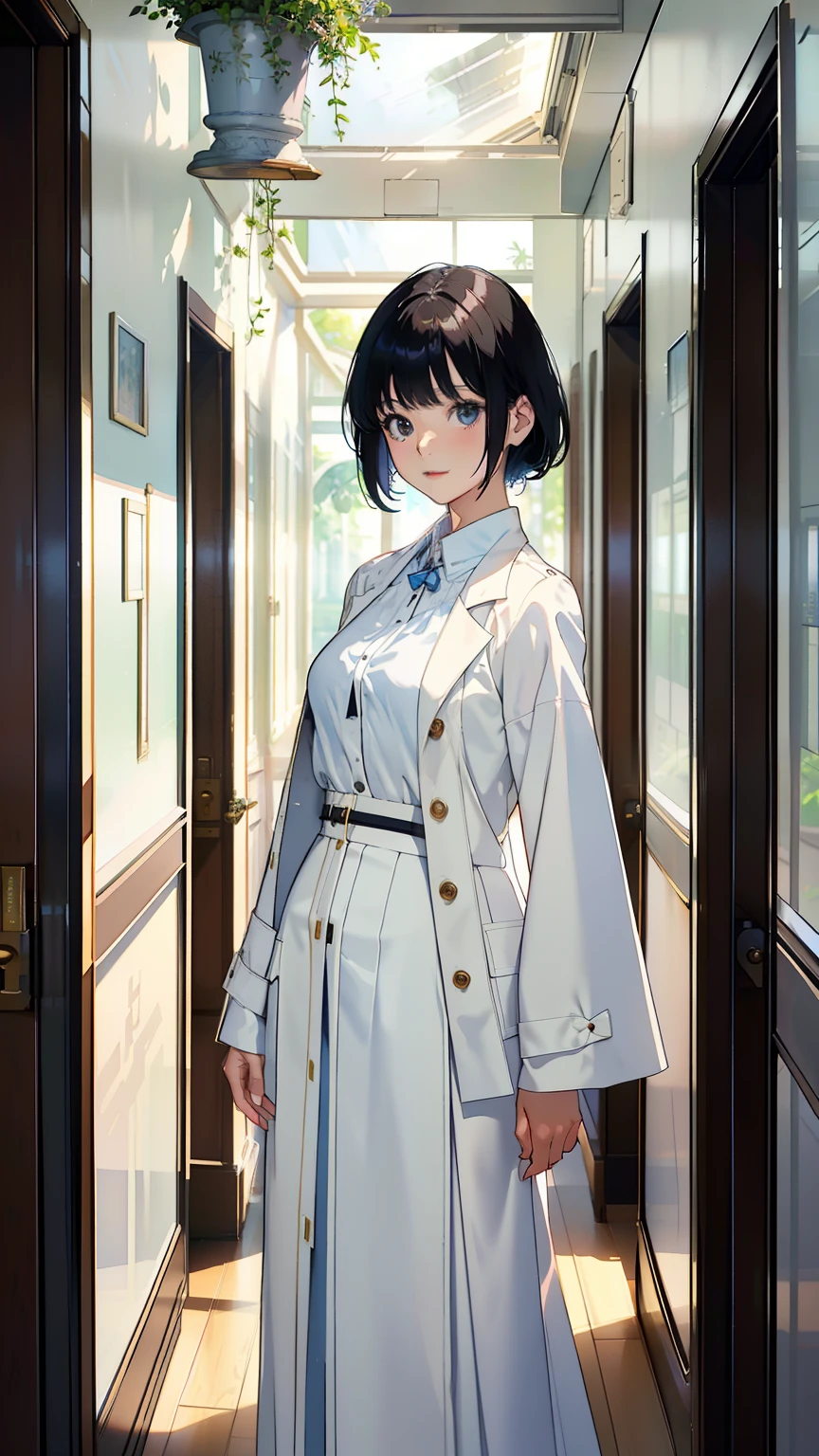 (highest quality、masterpiece、High resolution)、(Sargent style watercolor)、(anime art)、Movie angle、cinematic light、soft light、woman、18-year-old、((Windowでレポートを抱えて立っている))、(short black hair)、Put your hair up、(Detailed facial depiction)、smile gently、small breasts、uniform、((wearing a white coat))、white blouse、one piece、(long skirt)、library、Majestic bookshelf、(corridor)、(corridor)、
Window、Foliage plant、