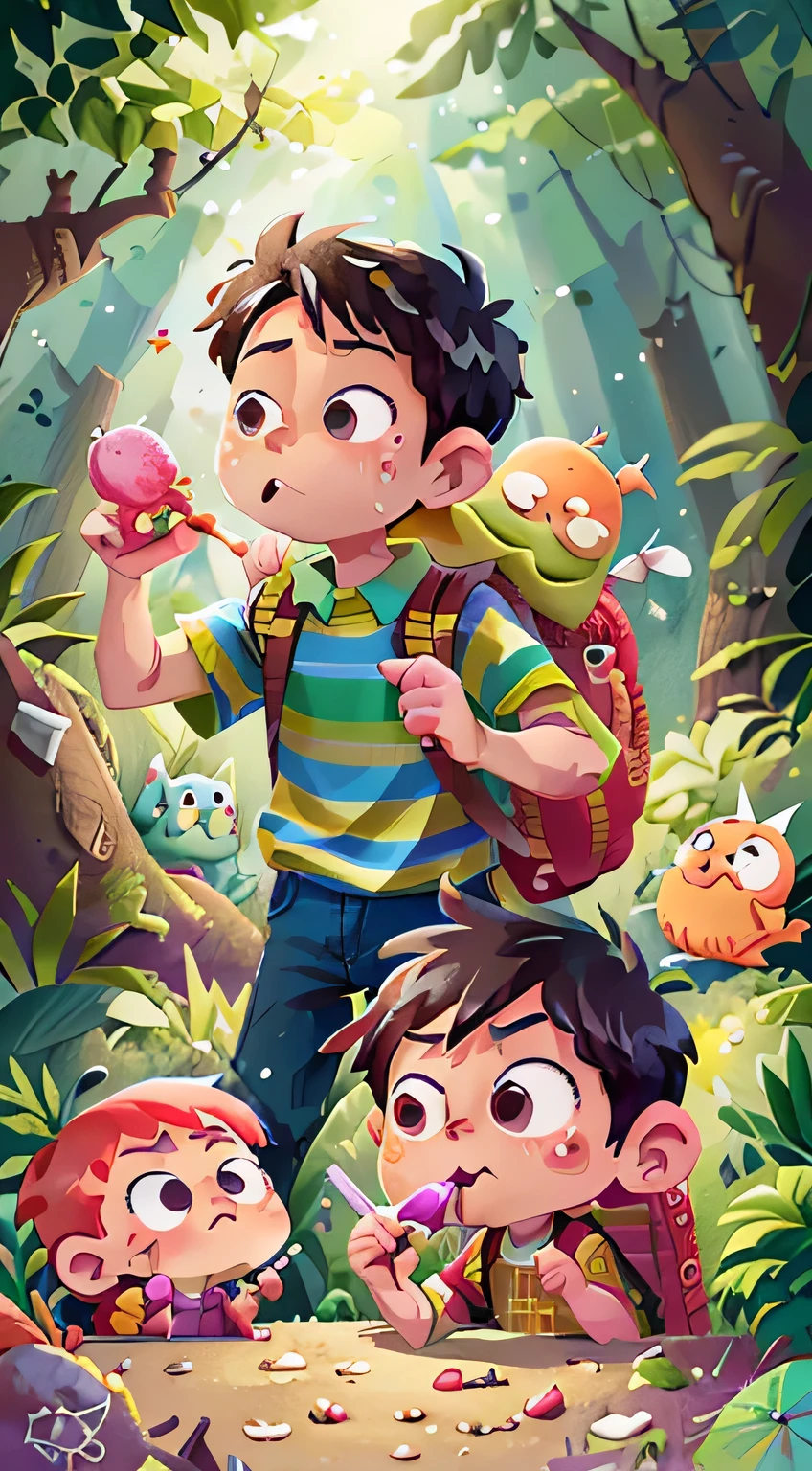 (Acidic face,sour plum,eating rice,sour,sour face,extremely sour,enjoyable spring outing,backpack-wearing boys in the forest,small toy car in hand,colorful background,perfect image quality,clear focus,ultra-low perspective,wide shot,detailed complexity,picture-perfect faces.)