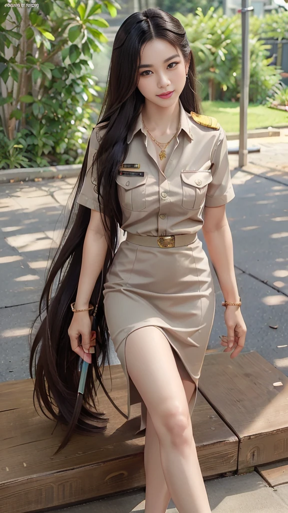 Khaki suit, khaki civil servant, Thai teacher uniform:1.3, Beautiful girl with extra long hair, Two meter long hair, Long hair that catches the eye, long black hair, Her hair is very long., Long, shiny hair, Long, thick, soft hair, Extra long hair, Dynamic posts, like full body, Short sleeve shirtสีกากี, short pencil skirtสีกากี, side cut, Decorated with military insignia., black high heels, The sexiest, small waist, hips raised, small thighs, Long legs, Women&#39;s fingers are slender and beautiful., Huge breasts, Huge breasts:1.5, big breast, Very big breasts, Eye-catching breasts, A gigantic rift, Not completely covered, big breast, Huge breast, Big tits D, สาวTwo meter long hair, Beautiful face, red lips, Very shiny, แต่งBeautiful face, Military rank insignia, short pencil skirt, tight, ultra short skirt, very short skirt, Wear a miniskirt., Short sleeve shirt, tight fitting, in the background, blurred garden., seductive gesture, Women&#39;s condition, Hermes 2002-26 Bag, Gold Necklace, นาฬิกา Apple Watch,