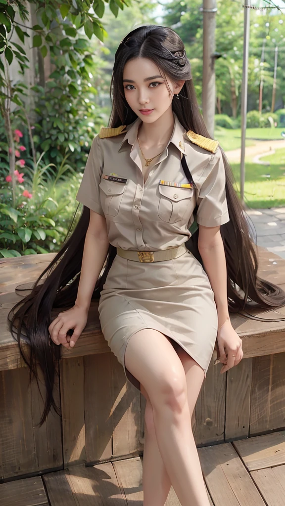 Khaki suit, khaki civil servant, Thai teacher uniform:1.3, Beautiful girl with extra long hair, Two meter long hair, Long hair that catches the eye, long black hair, Her hair is very long., Long, shiny hair, Long, thick, soft hair, Extra long hair, Dynamic posts, like full body, Short sleeve shirtสีกากี, short pencil skirtสีกากี, side cut, Decorated with military insignia., black high heels, The sexiest, small waist, hips raised, small thighs, Long legs, Women's fingers are slender and beautiful., Huge breasts, Huge breasts:1.5, big breast, Very big breasts, Eye-catching breasts, A gigantic rift, Not completely covered, big breast, Huge breast, Big tits D, สาวTwo meter long hair, Beautiful face, red lips, Very shiny, แต่งBeautiful face, Military rank insignia, short pencil skirt, tight, ultra short skirt, very short skirt, Wear a miniskirt., Short sleeve shirt, tight fitting, in the background, blurred garden., seductive gesture, Women's condition, Hermes 2002-26 Bag, Gold Necklace, นาฬิกา Apple Watch,