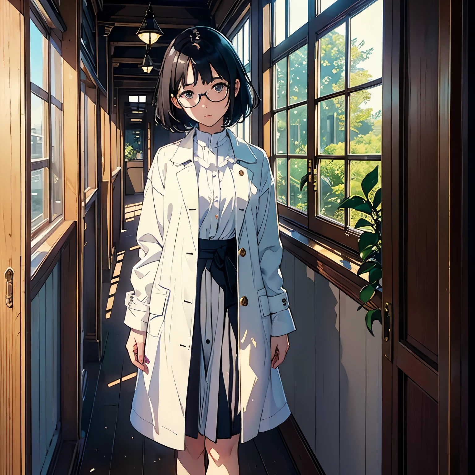 (highest quality、masterpiece、High resolution)、(Sargent style watercolor)、(anime art)、Movie angle、cinematic light、soft light、((1 girl))、18-year-old、wonderful、black hair、short hair、Put your hair up、Wear glasses、((wearing a white coat))、uniform、long skirt、small breasts、(Hold the book、walking)、perfect hands、library、(corridor)、(corridor)、window、Foliage plant、