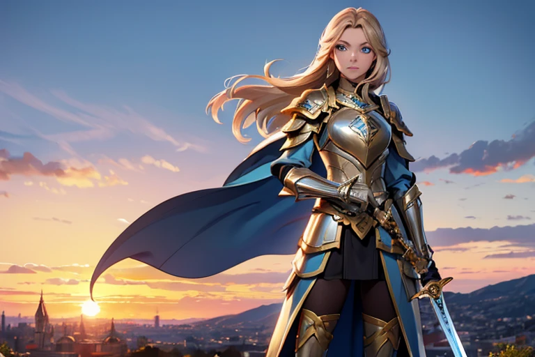 Female, dark blonde hair, light blue eyes, silver and gold armor, gold sword, on a hill, looking at a town, sunset