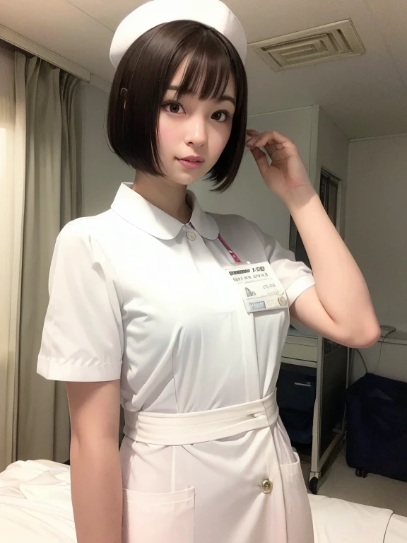 1 girl,(Wearing white nurse clothes:1.2),(Raw photo, highest quality), (realistic, photo-realistic:1.4), masterpiece, very delicate and beautiful, very detailed, 2k wallpaper, wonderful, finely, very detailed CG unity 8k wallpaper, Super detailed, High resolution, soft light, beautiful detailed girl, very detailed eyes and face, beautifully detailed nose, finely beautiful eyes, nurse, perfect anatomy, black hair, up style, nurse uniform, ((nurse cap)), long skirt, nurse, White costume, thin, hospital, clear, White uniform, hospital room, Neck auscultation, short hair, ((bob cut)),princess cut, ((head shot))